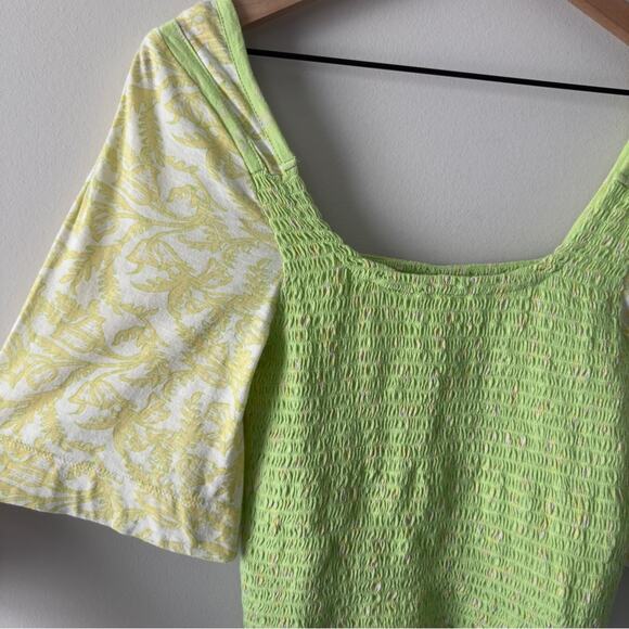 Free People Marigold Top in Key Lime Combo Smocked half Sleeve Cropped top green - Picture 7 of 13